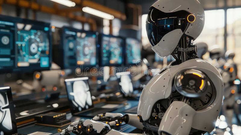 Futuristic robot working in a high-tech control center generated with AI vector illustration