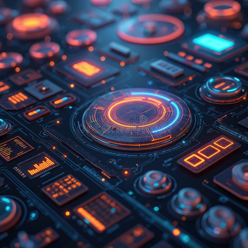 Illustration of futuristic user interface panel. Glowing elements display data, controls. Digital tech background with circles stock photos