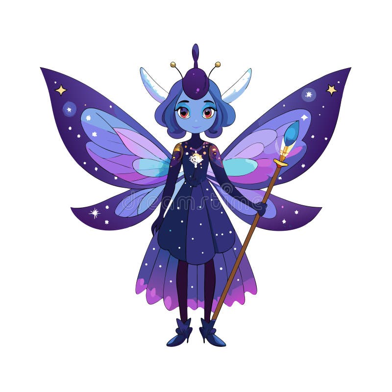 Illustration fée nocturne mignonne avec ailes étoilées et baguette magique illustration libre de droits