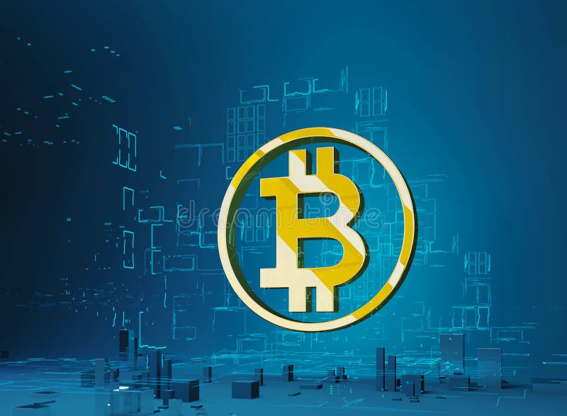 Illustration för affärsstadsbitcoin 3D av guld- bokstav B för bitcoinsymbol i cirkeln på bakgrunden av programmet royaltyfri illustrationer