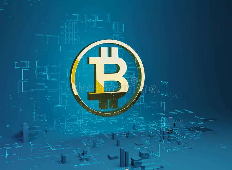 Illustration för affärsstadsbitcoin 3D av guld- bokstav B för bitcoinsymbol i cirkeln på bakgrunden av programmet royaltyfri illustrationer