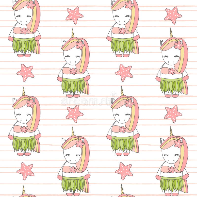 Illustration för bakgrund för modell för vektor för gullig älskvärd enhörning för sommartecknad film hawaiansk rolig sömlös stock illustrationer Illustration för bakgrund för modell för vektor för gullig älskvärd enhörning för sommartecknad film hawaiansk rolig sömlös stock illustrationer