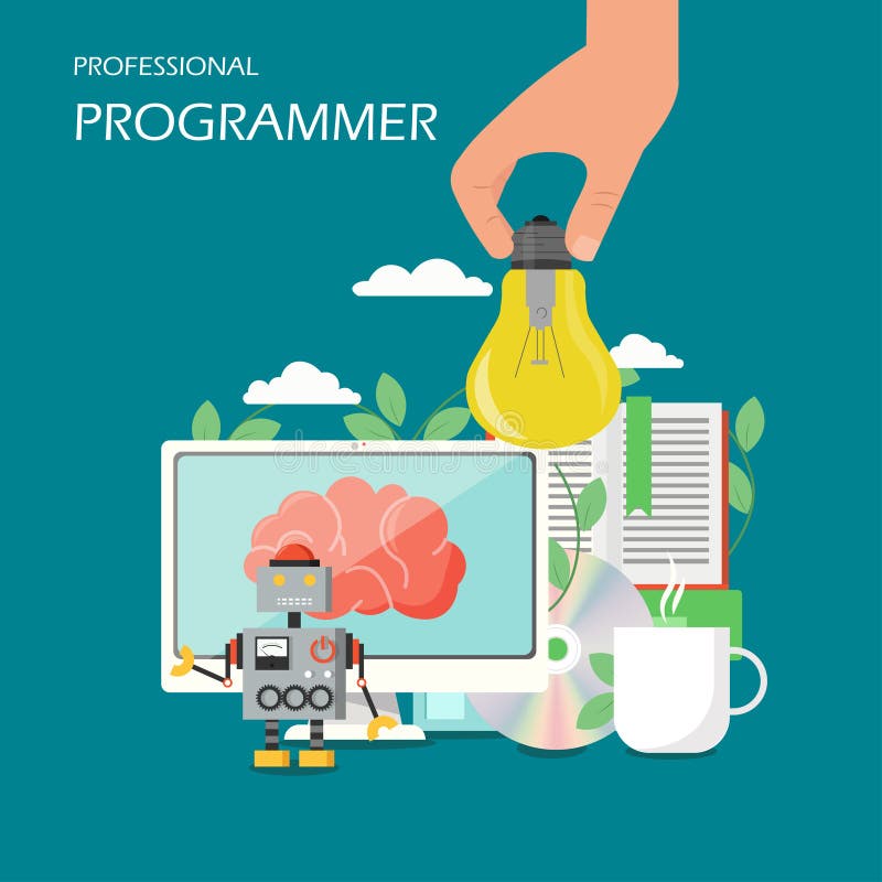 Illustration för design för stil för vektor för yrkesmässig programmerare plan stock illustrationer Illustration för design för stil för vektor för yrkesmässig programmerare plan stock illustrationer