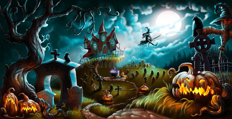 Illustration för kyrkogård för allhelgonaaftonnattgåta stock illustrationer Illustration för kyrkogård för allhelgonaaftonnattgåta stock illustrationer