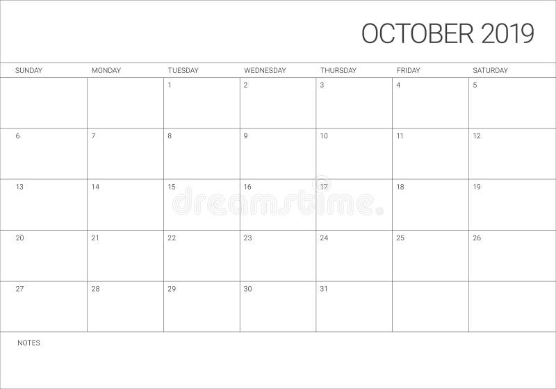 Illustration för Oktober 2019 månatlig kalendervektor royaltyfri illustrationer Illustration för Oktober 2019 månatlig kalendervektor royaltyfri illustrationer