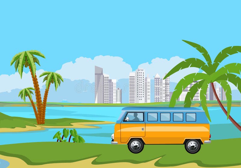 Illustration för semester för sommartid Campareskåpbil, minibuss vektor illustrationer Illustration för semester för sommartid Campareskåpbil, minibuss vektor illustrationer