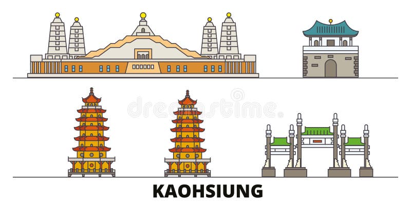Illustration för Taiwan Kaohsiung plan gränsmärkevektor Taiwan Kaohsiung linje stad med berömda loppsikt, horisont stock illustrationer Illustration för Taiwan Kaohsiung plan gränsmärkevektor Taiwan Kaohsiung linje stad med berömda loppsikt, horisont stock illustrationer
