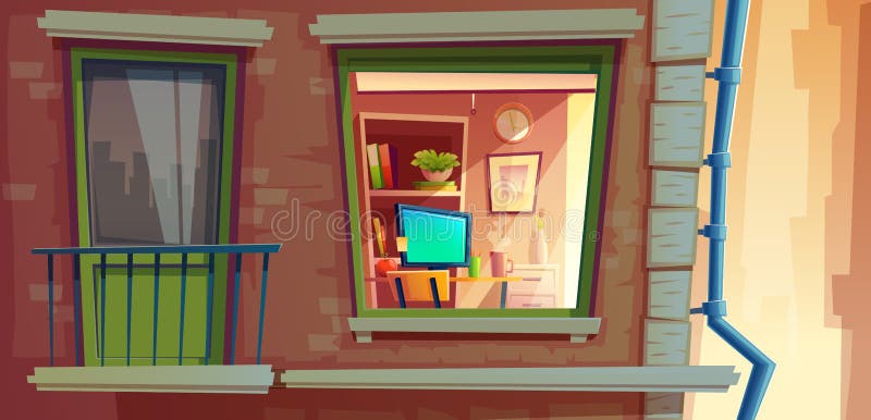 Illustration för tecknad film för vektor för husfasadbeståndsdel av fönstret och balkongen för lägenhetyttersidasikt stock illustrationer Illustration för tecknad film för vektor för husfasadbeståndsdel av fönstret och balkongen för lägenhetyttersidasikt stock illustrationer