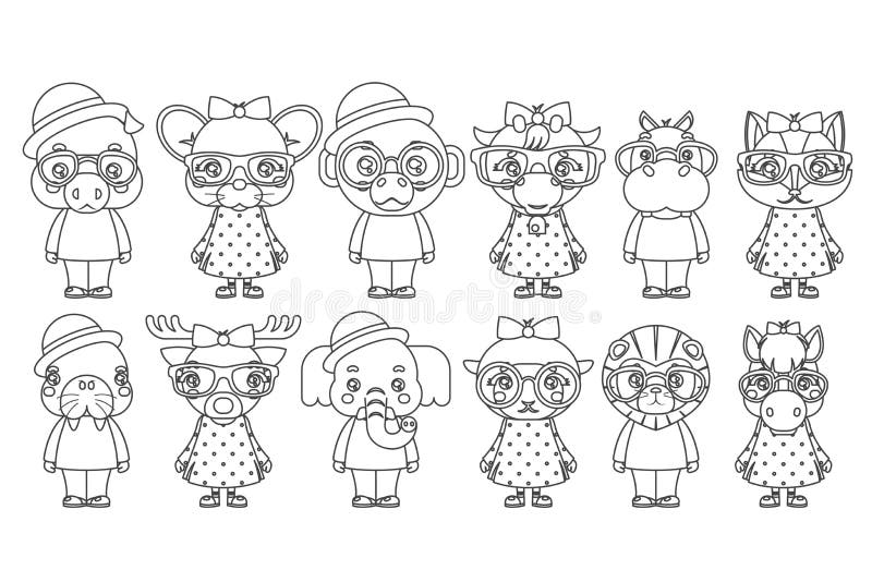 Illustration för vektor för design för bok för färgläggning för gulliga djura pojkeflicka för gröngölingar för Lineart för maskot stock illustrationer Illustration för vektor för design för bok för färgläggning för gulliga djura pojkeflicka för gröngölingar för Lineart för maskot stock illustrationer