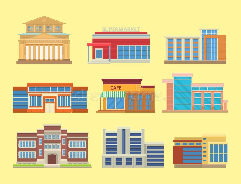 Illustration för vektor för fasad för hem för lägenhet för affär för hus för arkitektur för kontor för torn för stadsbyggnader mo vektor illustrationer Illustration för vektor för fasad för hem för lägenhet för affär för hus för arkitektur för kontor för torn för stadsbyggnader mo vektor illustrationer