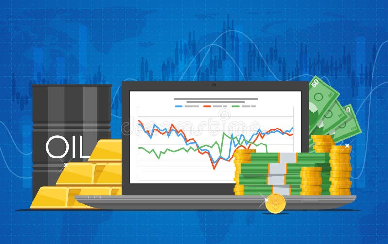 Barrel of oil price chart vector illustration in flat style. Stock chart on laptop screen. Pile of money, oil tanks. Barrel of oil price chart vector illustration in flat style. Stock chart on laptop screen. Pile of money, oil tanks.