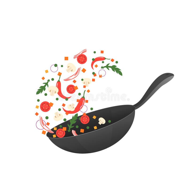 Illustration för vektor för matlagningprocess Bläddring av asiatisk mat i en panna Tecknad filmstil stock illustrationer Illustration för vektor för matlagningprocess Bläddring av asiatisk mat i en panna Tecknad filmstil stock illustrationer