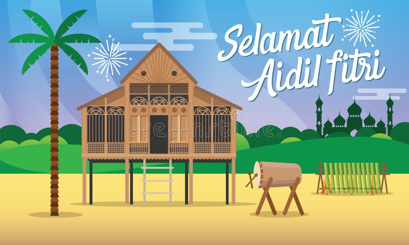 Illustration för vektor för kort för hälsning för fitri för aidil för Selamat hariraya med det traditionella malaybyhuset/Kampung stock illustrationer Illustration för vektor för kort för hälsning för fitri för aidil för Selamat hariraya med det traditionella malaybyhuset/Kampung stock illustrationer