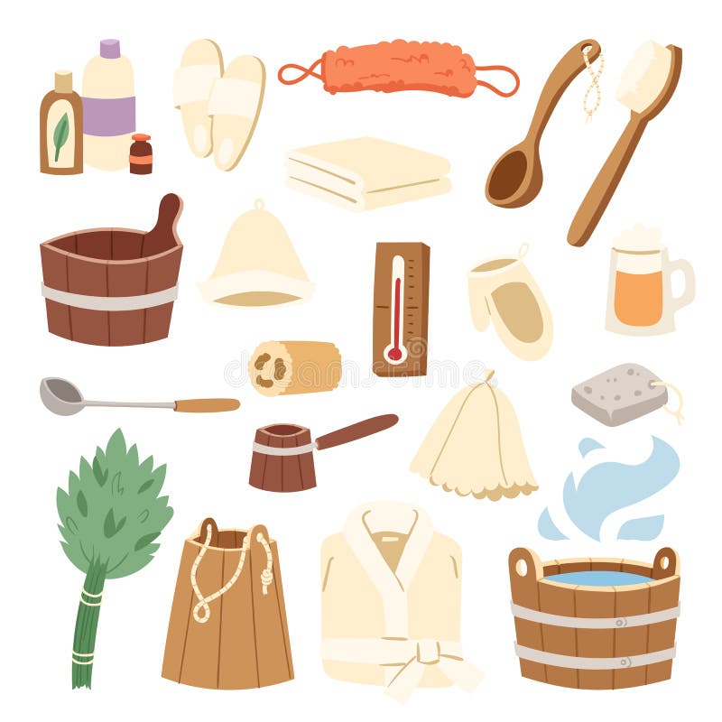 Illustration för vektor för kvast och för hink för badrum för begrepp för sjukvård för ånga för brunnsort för varmvatten för badh vektor illustrationer Illustration för vektor för kvast och för hink för badrum för begrepp för sjukvård för ånga för brunnsort för varmvatten för badh vektor illustrationer