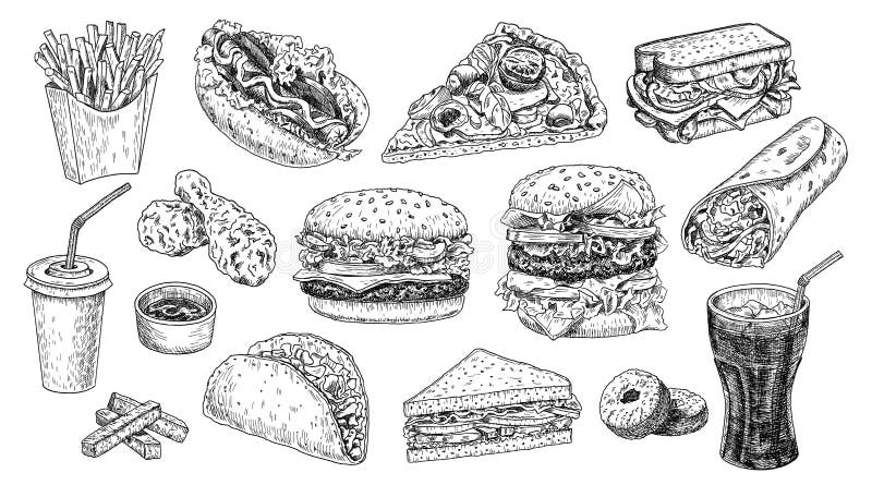 Illustration för vektor för snabbmatuppsättninghand utdragen Hamburgare ostburgare, smörgås, pizza, höna, cola, varmkorv