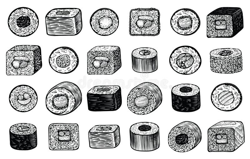 Illustration för vektor för sushimakirullar dragen hand, olik vinkel av sikten Japansk mat vektor illustrationer Illustration för vektor för sushimakirullar dragen hand, olik vinkel av sikten Japansk mat vektor illustrationer