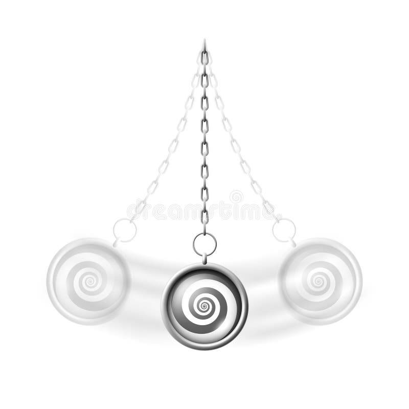 Illustration för vektor för svängande hypnosklockpendel realistisk, psykoterapibegrepp, en silverhalsband med hypnotisk spiral fö