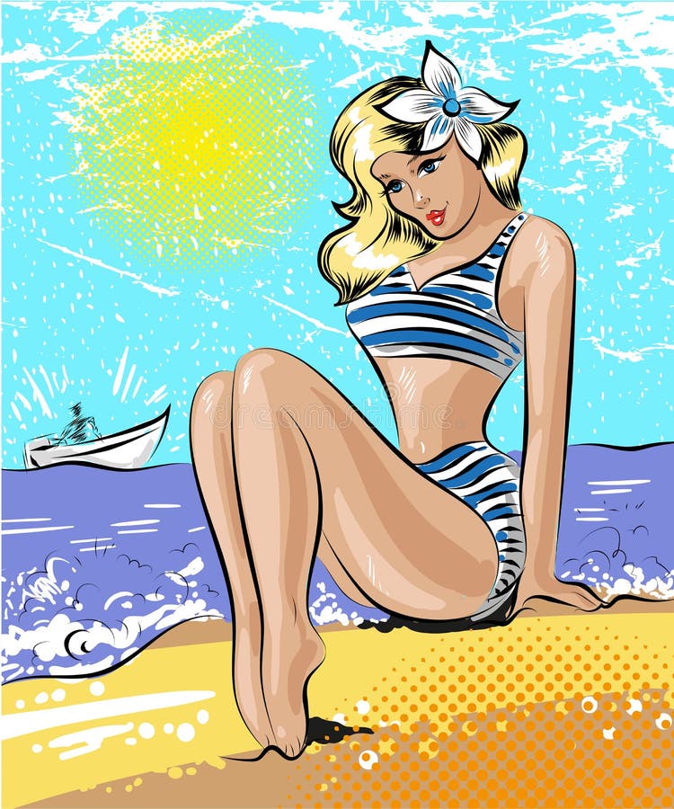 Illustration för vektorpopkonst av kvinnan på sjösidan stock illustrationer Illustration för vektorpopkonst av kvinnan på sjösidan stock illustrationer