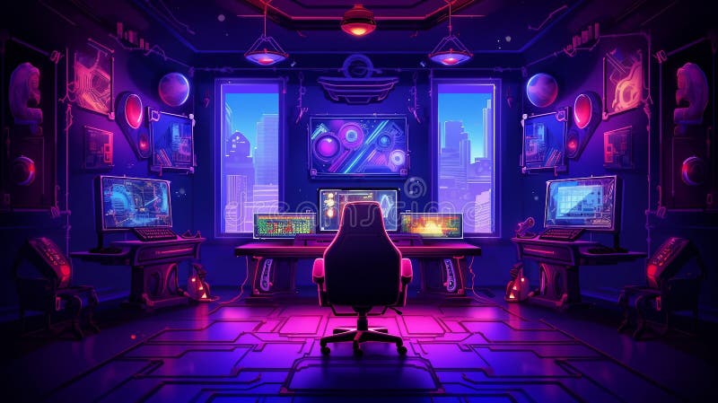 An Illustration of a Gaming Room with Neon Lights and Furniture AI ...