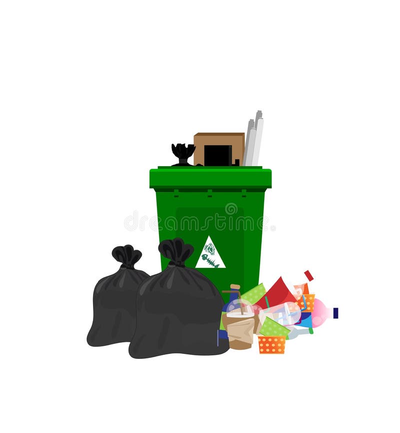 Burning Waste Bin. Flat Vector Illustration. Green Container