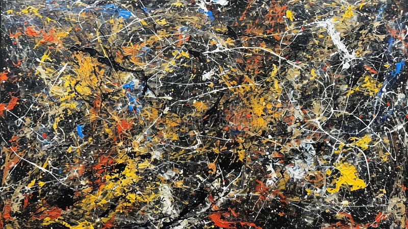 Abstract Expressionist Chaos. This Illustration is generated with love under use of different Digital Software and AI Generation Tools. Capturing the dynamic and energetic nature of Jackson Pollocks drip and splatter technique this abstract composition showcases vibrant and interweaving lines of paint evoking movement and spontaneity With a bold and varied color palette it reflects the intensity and emotional depth of Pollocks iconic style