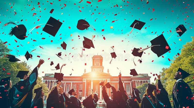 Jubilant Graduation Scene. This Illustration is generated with love under use of different Digital Software and AI Generation Tools. Experience the exhilarating moment of a graduation celebration as graduates throw their caps in the air at a prestigious university amidst confetti and joyful cheers A symbol of academic achievement and the excitement of new beginnings