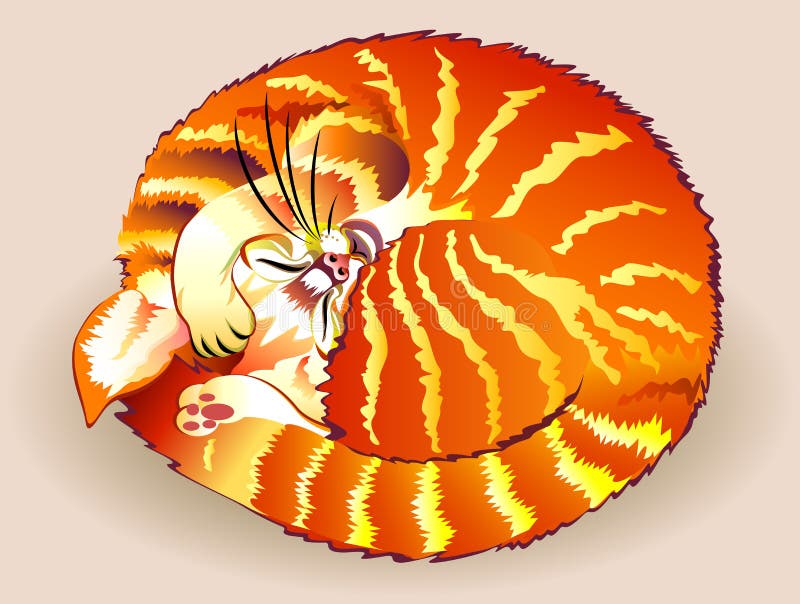 Illustration Of A Sleeping Cat, Black And White Drawing. Stock