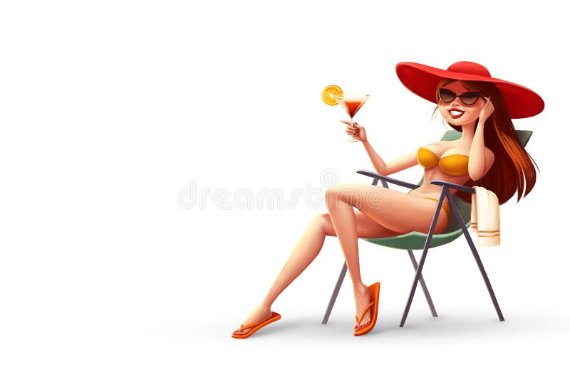 Illustration girl in lounge chair with a cocktail