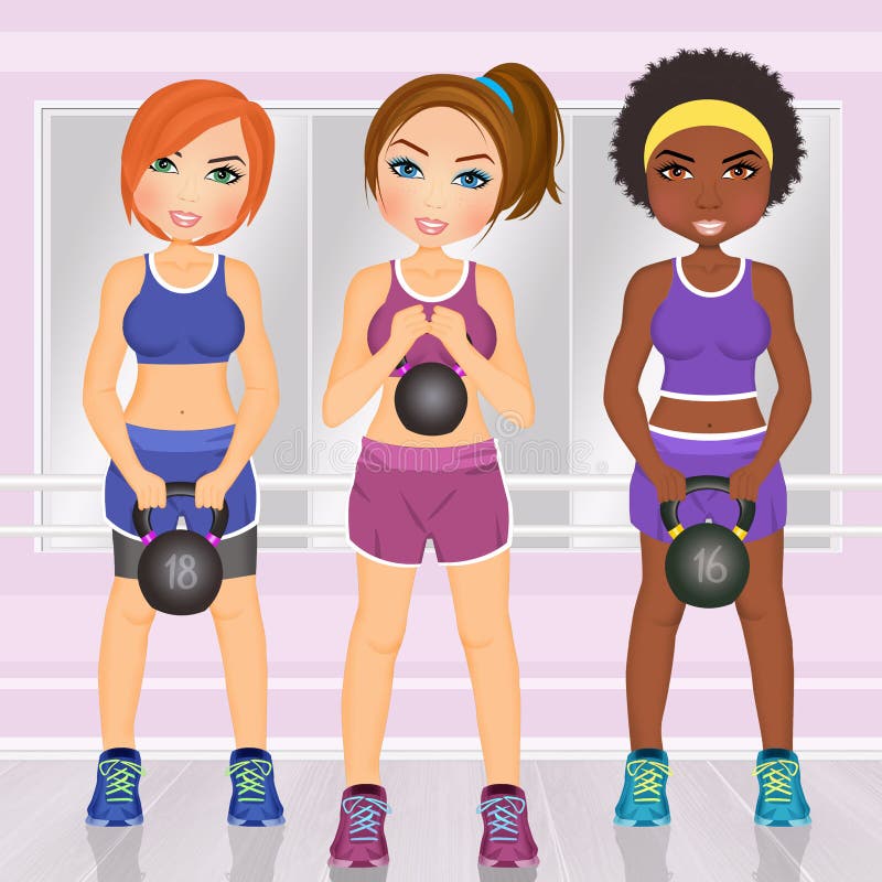 Girls with Kettlebell in the Gym Stock Illustration - Illustration of ...