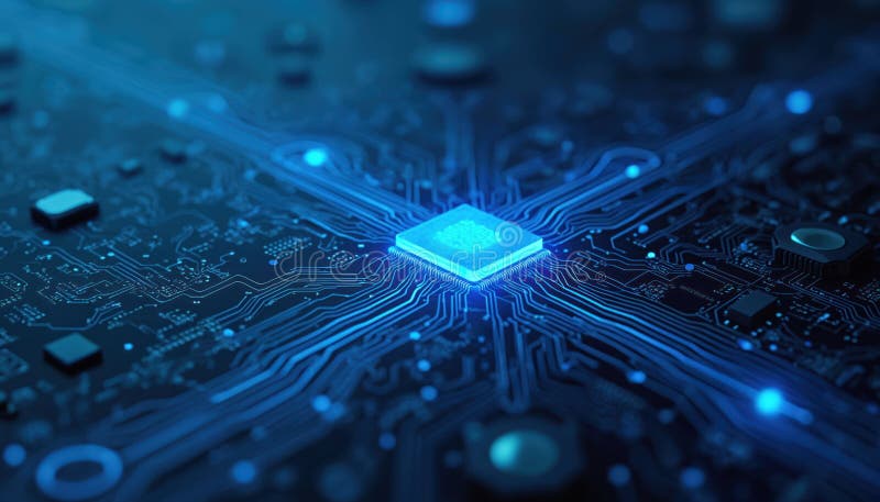 Illustration of glowing blue electronic circuit board. Computer chip, CPU elements. AI tech, abstract futuristic background. stock illustration