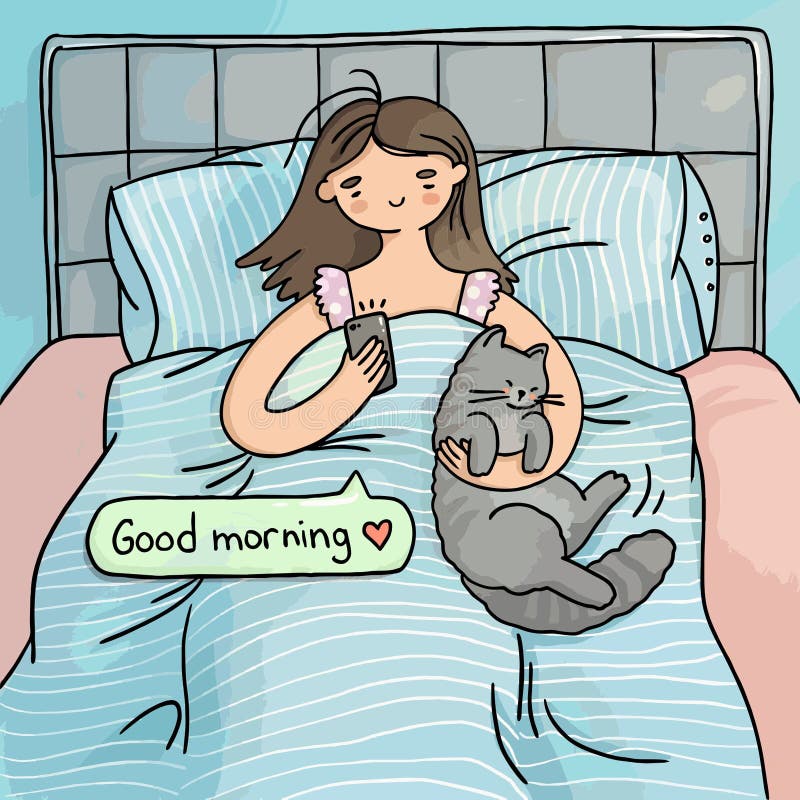 Illustration god morgon, flicka i sängen med en katt stock illustrationer