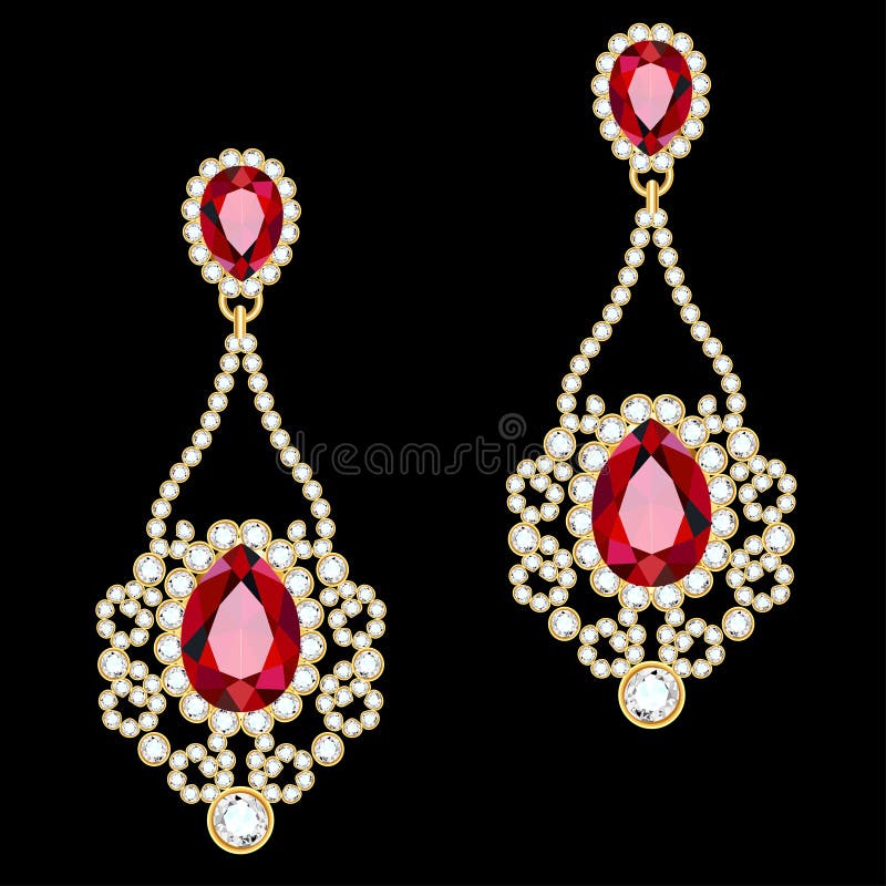 Illustration Gold Jewelry Earrings with Ruby and Precious Stones Stock