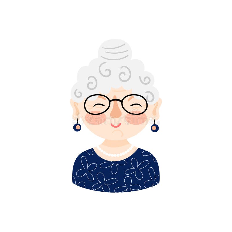 Illustration with a cute old woman with white hair and glasses. 