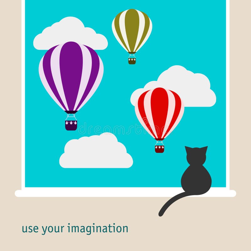 Illustration graphique simple avec le chat noir se reposant sur la fenêtre et observant comme ballons à air chauds lumineux flott illustration libre de droits Illustration graphique simple avec le chat noir se reposant sur la fenêtre et observant comme ballons à air chauds lumineux flott illustration libre de droits