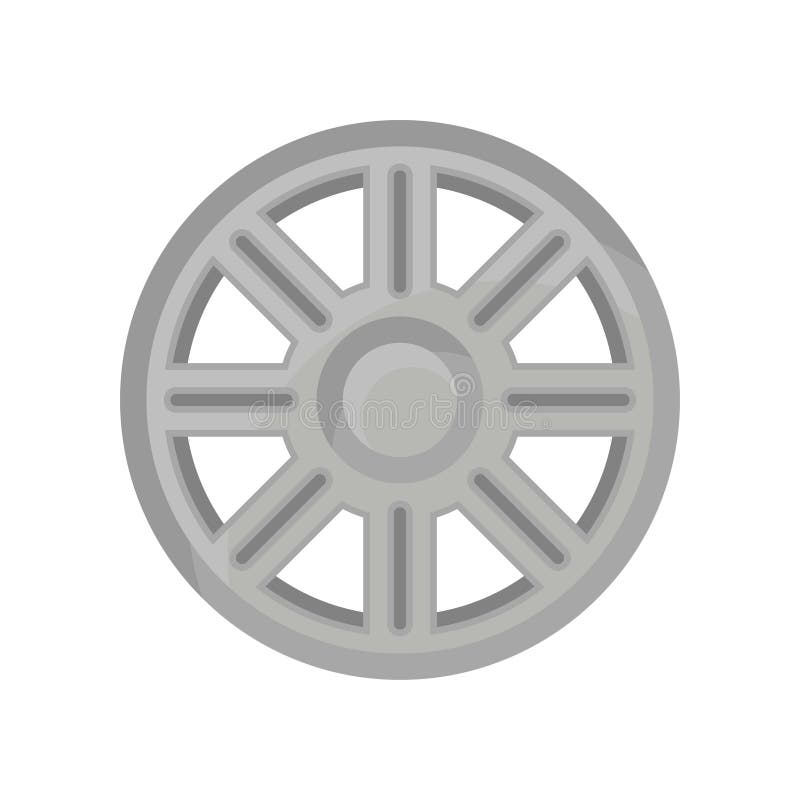 Illustration of gray alloy wheel of automobile. Car titanium rim. Graphic element for advertising poster or flyer of auto shop or repair service. Vector icon in flat style isolated on white background. Illustration of gray alloy wheel of automobile. Car titanium rim. Graphic element for advertising poster or flyer of auto shop or repair service. Vector icon in flat style isolated on white background