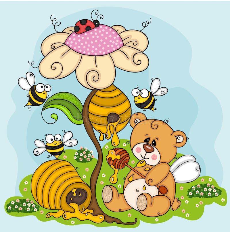 Illustration of greedy teddy bear eating honey