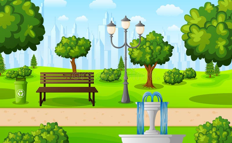 Green City Park with Bench and Fountain Stock Vector - Illustration of ...