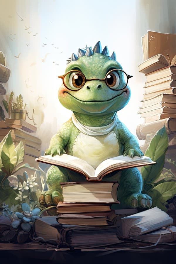 green cute dinosaur with glasses reading a book