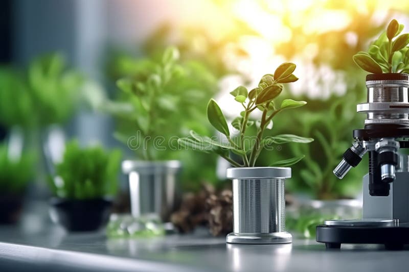 Green Plants on a Table Next To Microscope in a Lab with Generative AI Stock Illustration