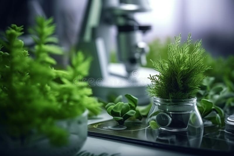 Green Plants on a Table Next To Microscope in a Lab with Generative AI Stock Illustration