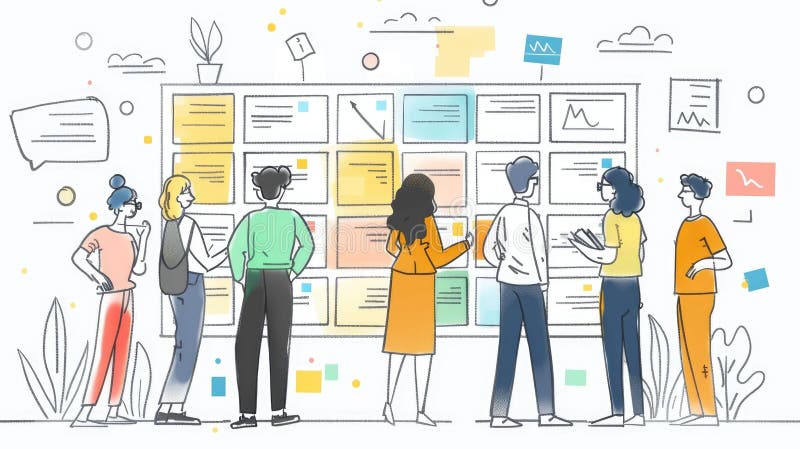 Illustration of a group of people using sticky notes on a wall to plan a project AIG535 royalty free illustration