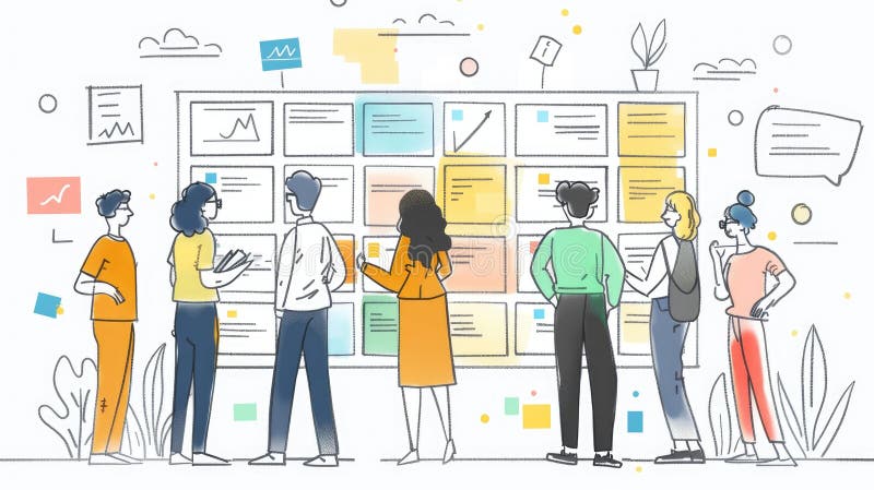 Illustration of a group of people using sticky notes on a wall to plan a project AIG535 royalty free stock photos