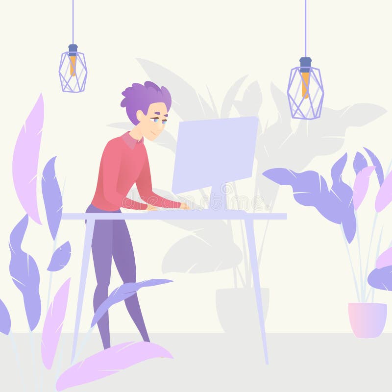 Illustration Guy Standing Table Working Computer stock illustration