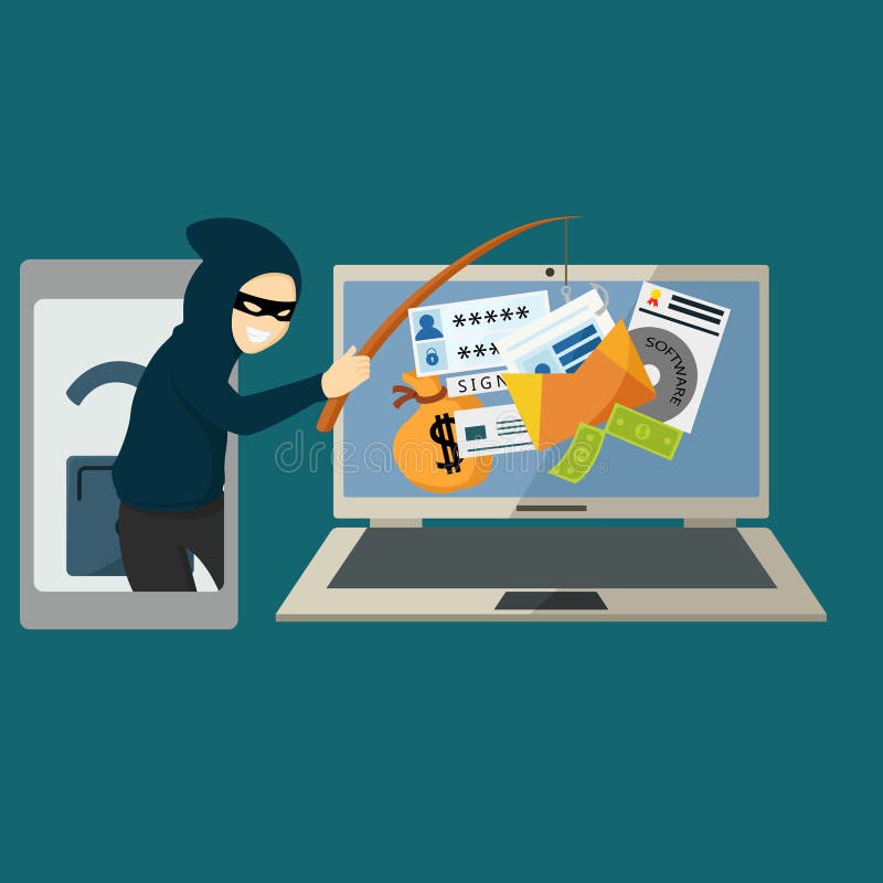 Hacker hacking data through Internet on laptop vector illustration
