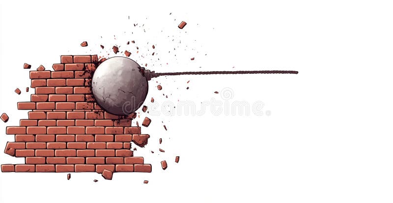 Illustration of a hammer breaking through a brick wall symbolizing strength and determination stock illustration