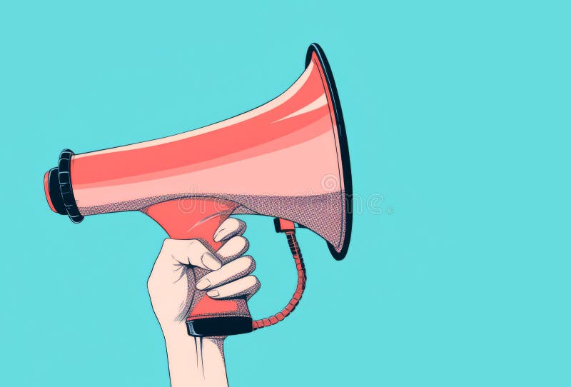 Illustration of a Hand Holding a Loud Speaker Megaphone Stock