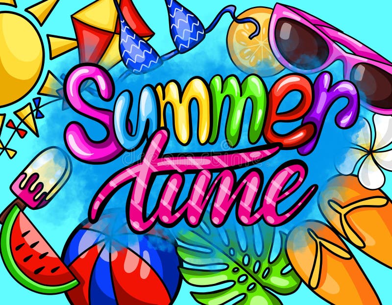 Illustration with hand lettering summer time with colorful beach elements background for summer season