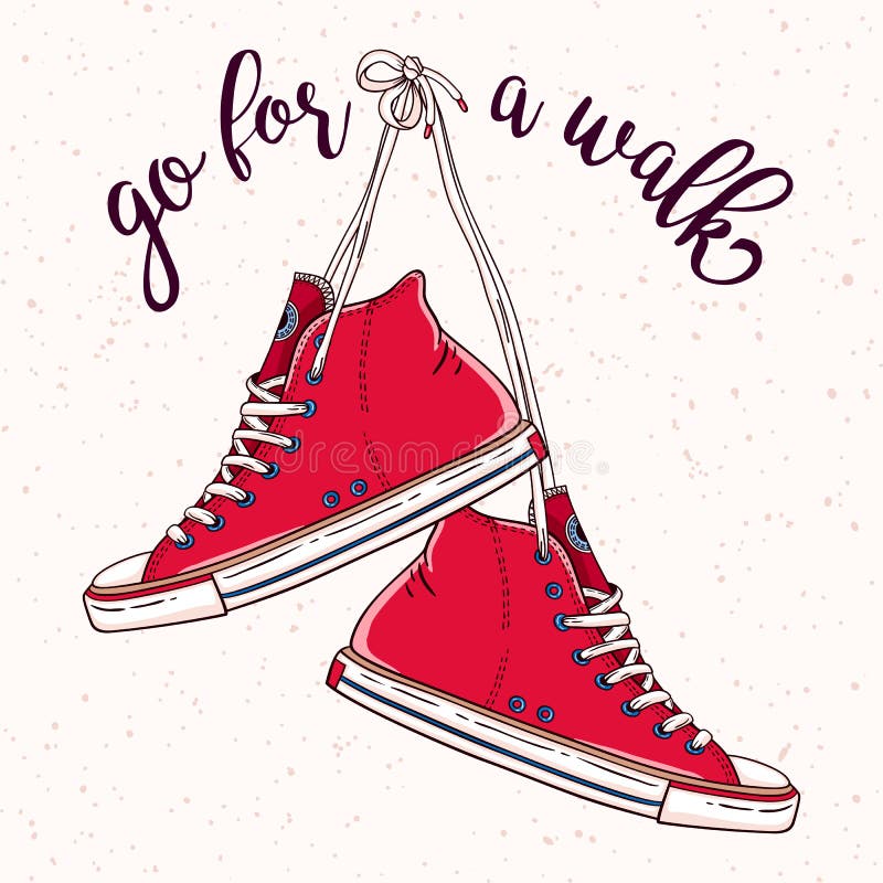 Illustration with a hanging pair of vintage red sneakers