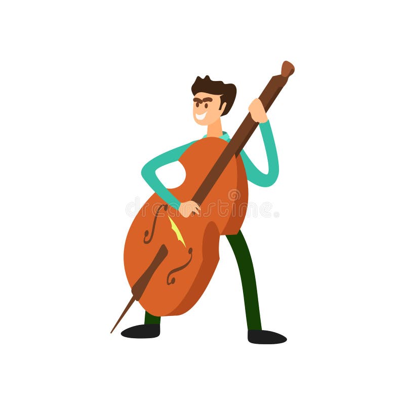 Illustration of happy brunette male character contrabass player. Artist young man musician playing double bass. Cartoon flat vector illustration