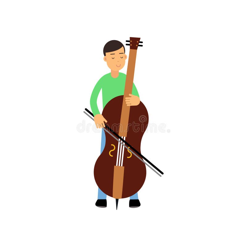 Illustration of happy brunette male character contrabass player. Artist young man musician playing double bass. Cartoon vector illustration